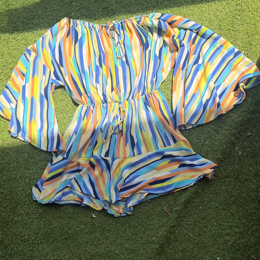Fashion Nova Multicolor Stripe Off-Shoulder Romper in Blue, Yellow & Orange